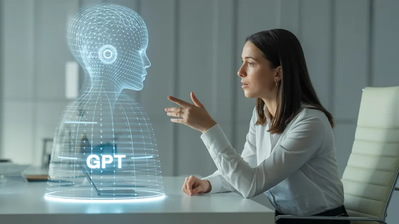 A professional in conversation with an AI assistant shown as a glowing holographic figure
