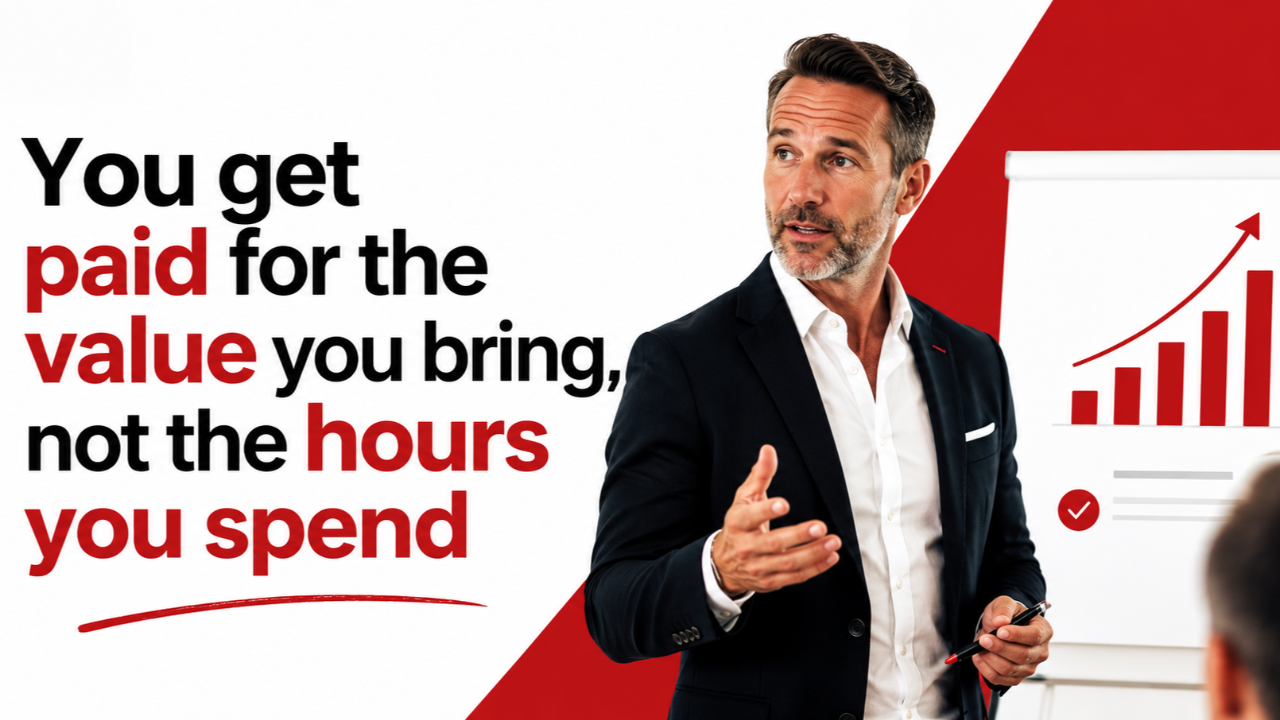 Peter Thomson pointing at a rising bar chart next to the text "You get paid for the value you bring, not the hours you spend"