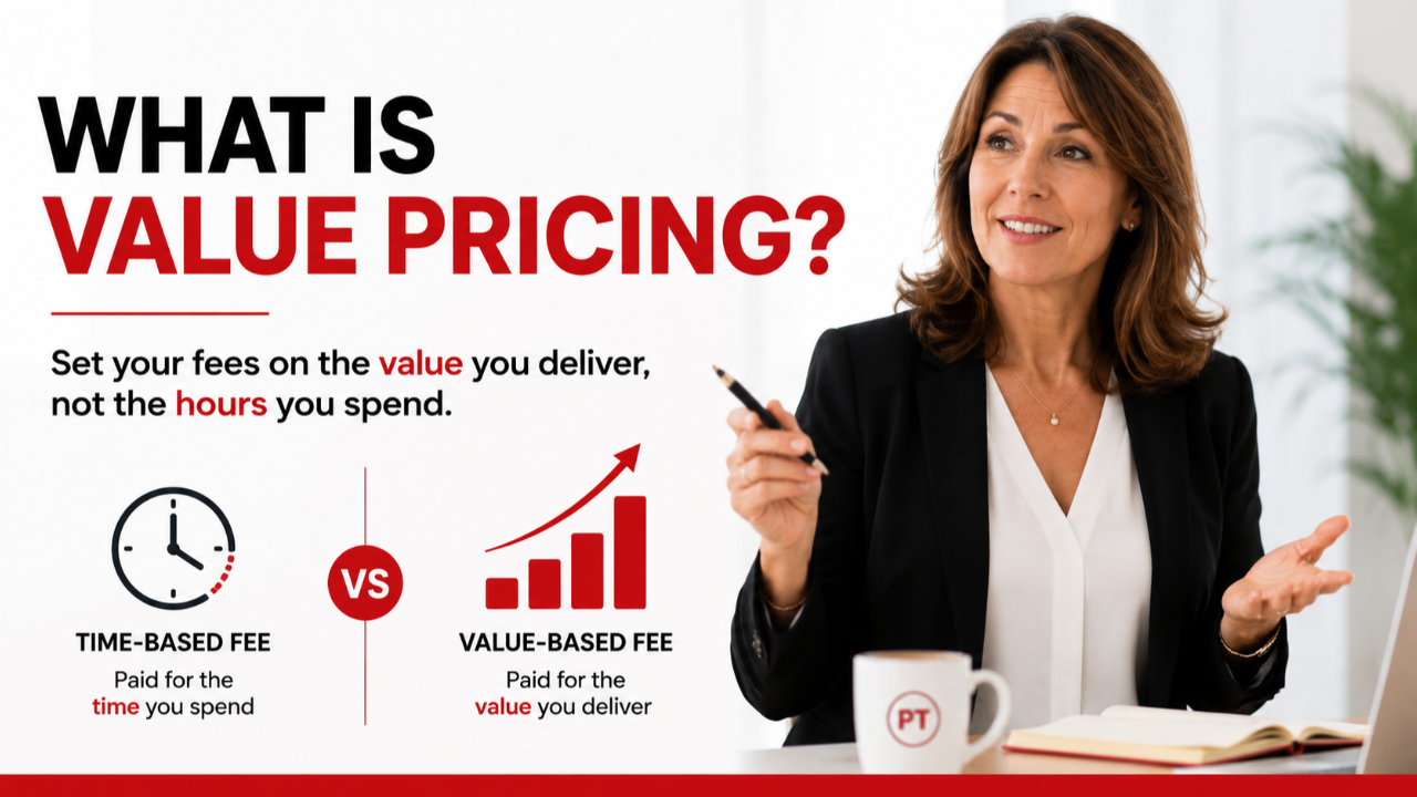 Professional female consultant illustrating value pricing, showing how value-based fees generate greater returns than time-based charging
