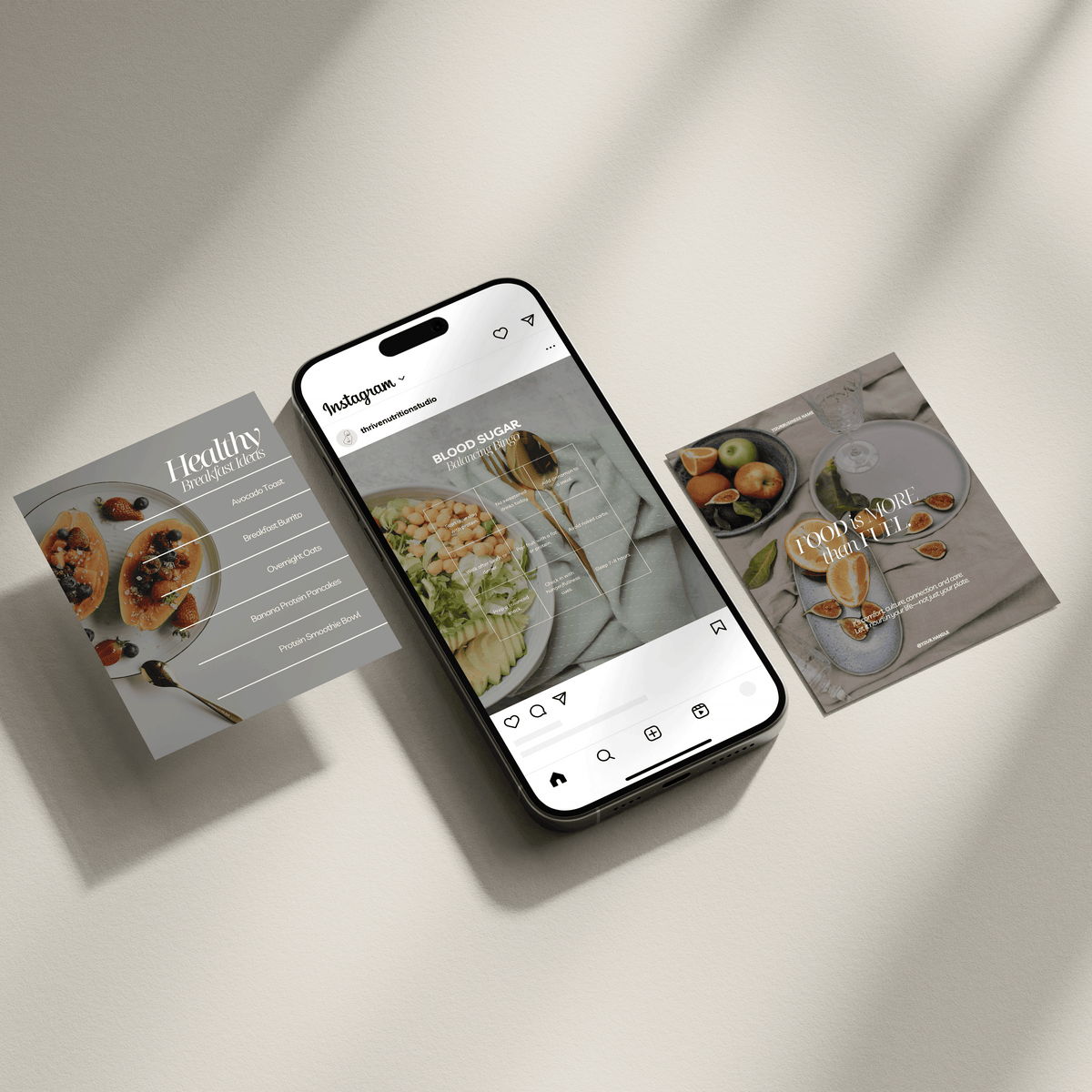 Nutrition Instagram templates shown on a phone with printed post mockups