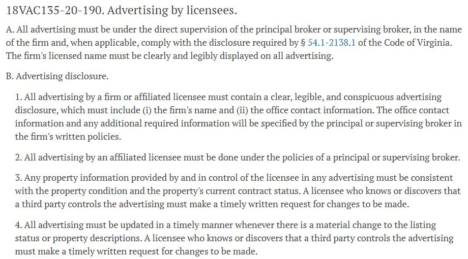 Screenshot of the Virginia Administrative Code page for 18VAC135-20-190, Advertising by licensees, on law.lis.virginia.gov. Subsection B.1 says advertising by a firm or affiliated licensee must contain a clear, legible and conspicuous advertising disclosure that includes the firm's name and the office contact information, and subsection B.2 says advertising by an affiliated licensee must follow the broker's policies.