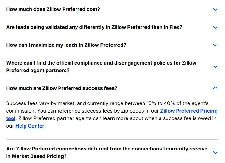Screenshot of the Zillow Preferred FAQ page with the question How much are Zillow Preferred success fees? expanded. The answer says success fees vary by market and currently range between 15% to 40% of the agent's commission, and points agents to a Zillow Preferred Pricing tool for fees by ZIP code.