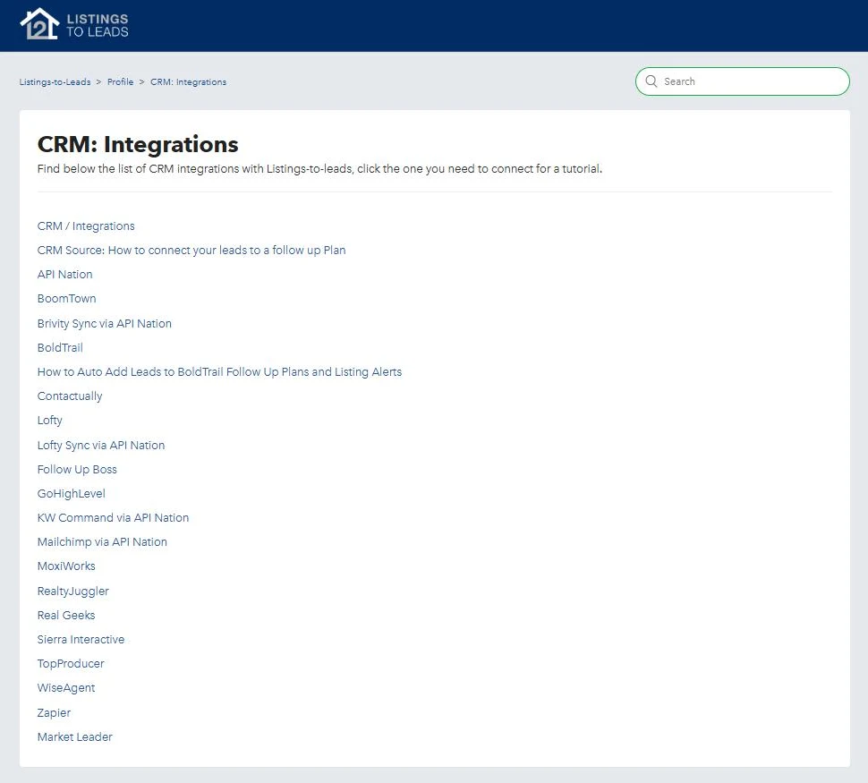 Screenshot of the CRM: Integrations section of the Listings to Leads help center. Under the heading, a list of 22 tutorial links includes API Nation, BoomTown, Brivity Sync via API Nation, BoldTrail, Contactually, Lofty, Follow Up Boss, GoHighLevel, KW Command, Mailchimp, MoxiWorks, RealtyJuggler, Real Geeks, Sierra Interactive, TopProducer, WiseAgent, Zapier and Market Leader.