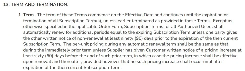 Screenshot of section 13.1 of Ylopo's Platform As A Service Agreement, saying subscription terms automatically renew unless either party gives written notice of non-renewal at least ninety days before the term expires.