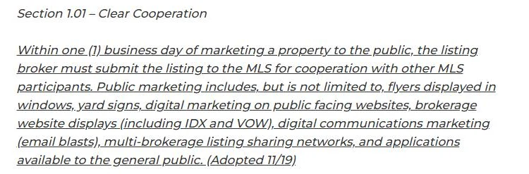 Screenshot of NAR's MLS Clear Cooperation Policy page showing Section 1.01, Clear Cooperation, which says the listing broker must submit the listing to the MLS within one business day of marketing a property to the public, and that public marketing includes yard signs, digital marketing on public facing websites and email blasts.
