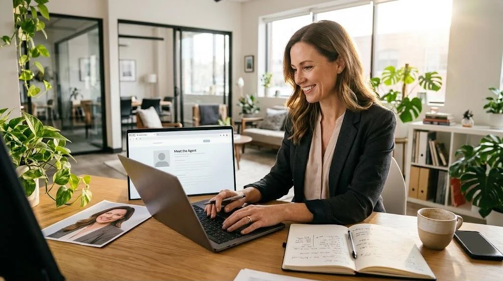 Smiling real estate agent writing her professional bio on a laptop showing a Meet the Agent profile page, with a printed headshot and handwritten notes on the desk