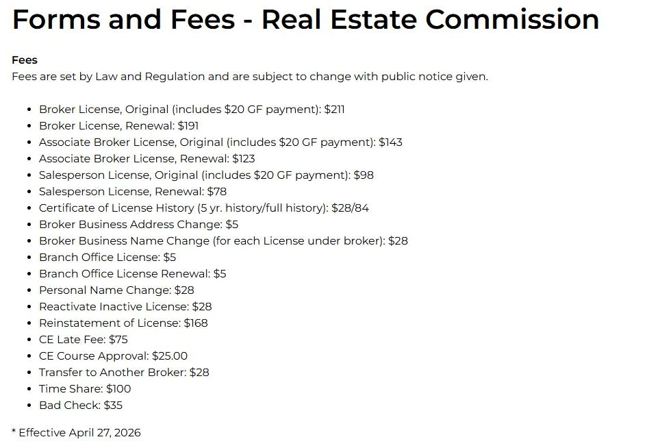 Screenshot of the Maryland Real Estate Commission Forms and Fees page on labor.maryland.gov, marked effective April 27, 2026. It lists the original salesperson license at $98 including a $20 Guaranty Fund payment, the salesperson renewal at $78, a $28 fee to transfer to another broker, a $75 CE late fee and reinstatement at $168.