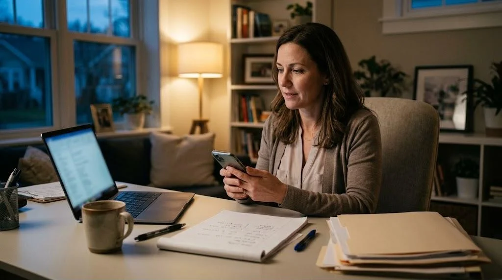 A real estate agent checks her client follow-up list on a smartphone at a home office desk with a laptop, notepad and files