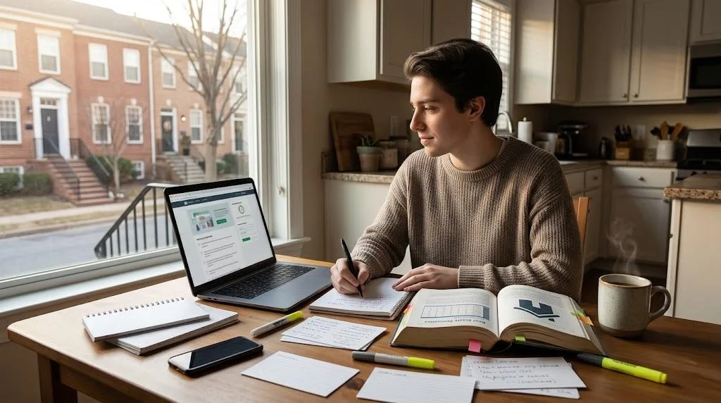 Aspiring agent studying for the Maryland real estate license exam at a kitchen table with a laptop, textbook and flashcards, brick rowhouses outside the window