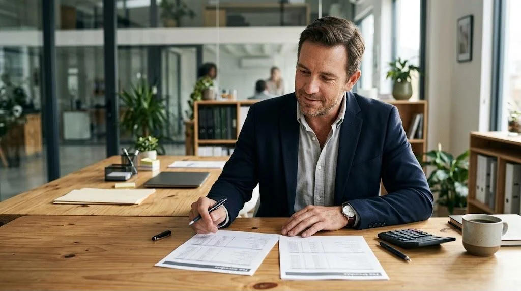 Real estate agent comparing two printed brokerage fee schedules at his desk with a calculator