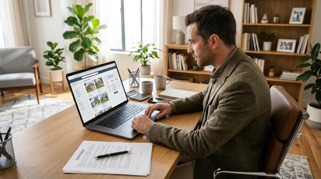 Real estate agent at a home office desk comparing Sierra Interactive pricing on a laptop, with a printed contract and a calculator beside him