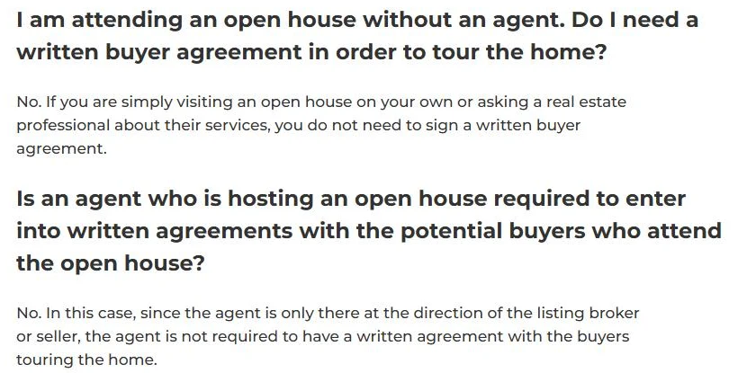 Screenshot of NAR's Consumer Guide to Open Houses and Written Agreements showing two questions and answers. The first asks whether a buyer attending an open house without an agent needs a written buyer agreement, and the answer is no. The second asks whether the agent hosting the open house needs a written agreement with the buyer, and the answer is also no.