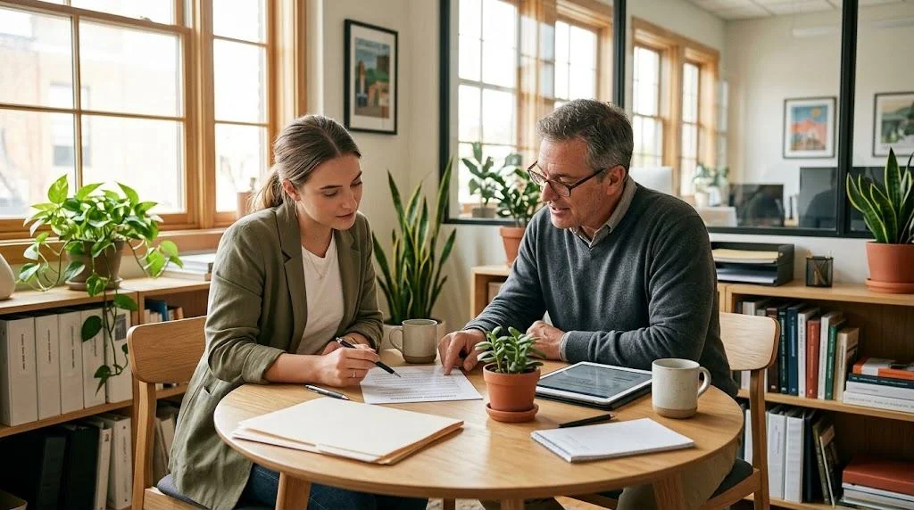 New real estate agent and her broker reviewing a printed commission agreement at a small office table