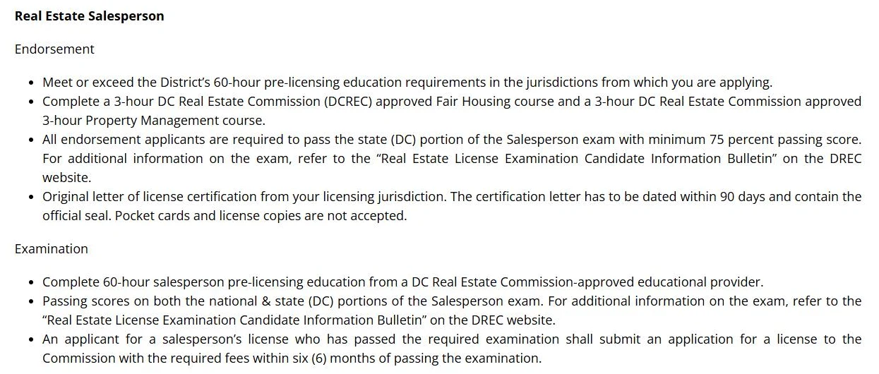 Screenshot of the Real Estate Salesperson section of the DC Real Estate Commission page on dlcp.dc.gov. Under Endorsement it lists meeting DC's 60-hour education requirement, a 3-hour Fair Housing course and a 3-hour Property Management course, passing the DC portion with 75 percent and a certification letter dated within 90 days. Under Examination it lists the 60-hour course, passing both exam portions and applying within six months.