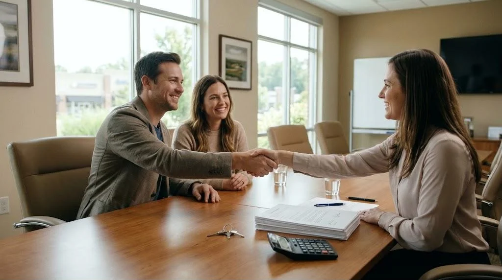 Real estate agent shaking hands with happy home buyers at a closing table, with house keys, signed closing documents and a calculator, illustrating leads that pay at closing