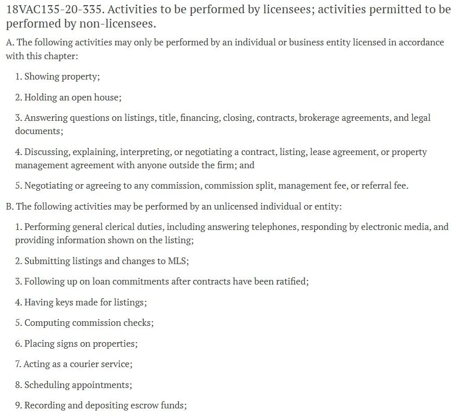 Screenshot of Virginia Administrative Code section 18VAC135-20-335 on law.lis.virginia.gov, titled Activities to be performed by licensees; activities permitted to be performed by non-licensees. The page lists activities that only a licensee may perform, such as showing property and holding an open house, and activities an unlicensed individual may perform, such as general clerical duties and scheduling appointments.