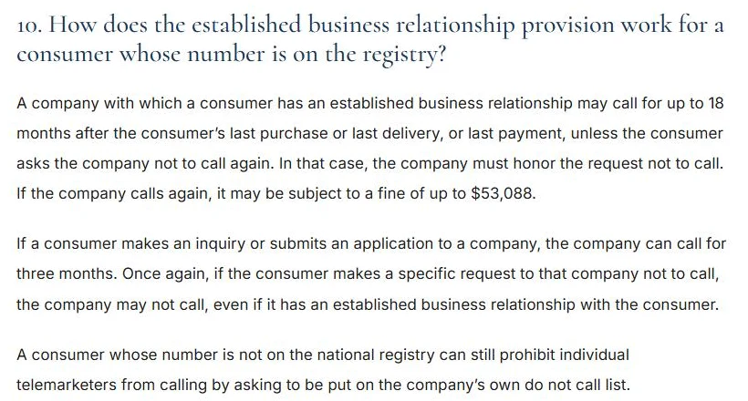 Screenshot of question 10 in the FTC's Q and A for Telemarketers and Sellers About the Do Not Call Provisions of the Telemarketing Sales Rule, a Federal Trade Commission business guidance page. The answer shown says that if a consumer makes an inquiry or submits an application to a company, the company can call for three months.