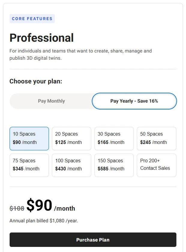 Screenshot of Matterport's Professional plan on matterport.com/plans on 16 October 2026, with yearly billing selected: 10 spaces for $90 a month, up to 150 spaces for $585 a month, and the annual plan billed $1,080 a year.