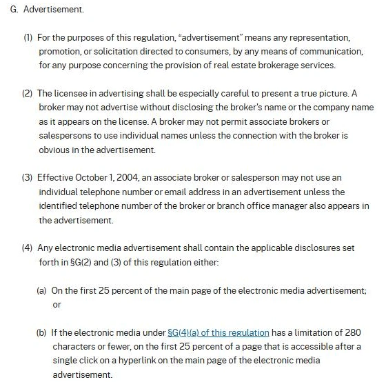 Screenshot of COMAR 09.11.02.01, Relations to the Public, on regs.maryland.gov showing section G, Advertisement, from the Maryland Real Estate Commission's Code of Ethics. It covers advertising, including the duty to present a true picture, the broker phone rule for salespersons, and the 280-character rule for disclosures one click away.