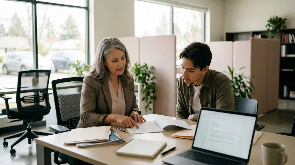 A managing real estate broker reviews a purchase contract with a newer agent at a desk in a bright brokerage office