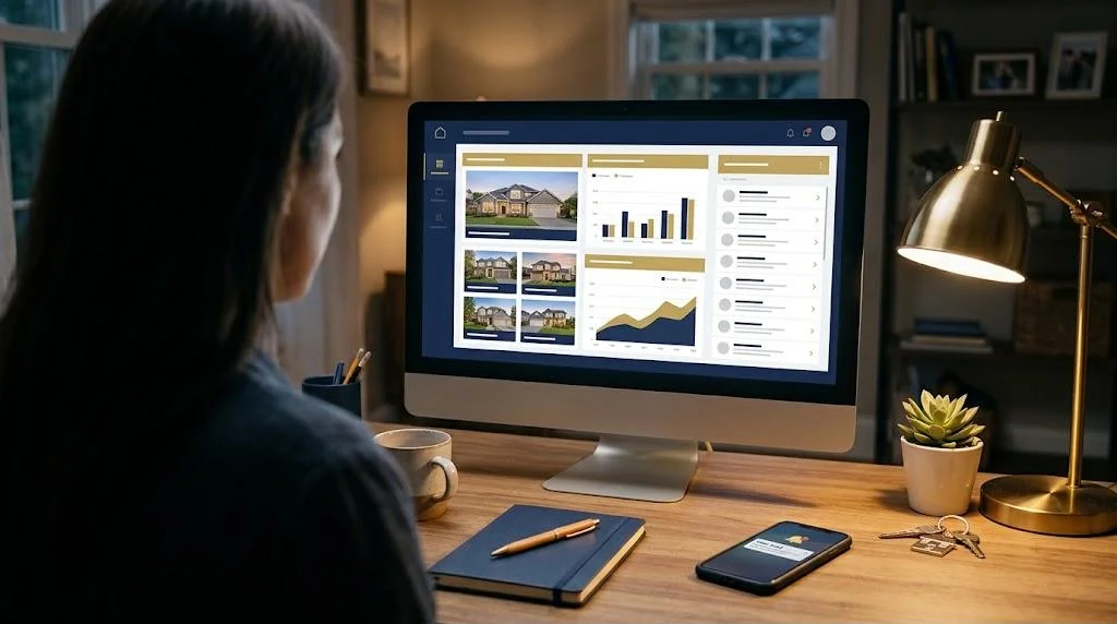 Real estate agent at a home office desk in the evening reviewing a listing marketing dashboard on a large monitor with home photos, bar charts and a list of incoming leads, with a new lead alert on a smartphone beside a desk lamp.