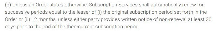 Screenshot of section 3(b) of the Matterport Services Agreement, saying subscriptions automatically renew for the lesser of the original period or 12 months unless either party gives written notice at least 30 days before the end.