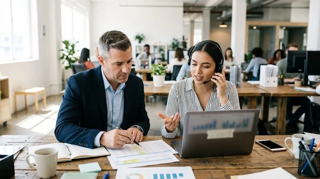 A real estate team lead and an inside sales agent on a headset review an online ad budget on a laptop and printed reports in a bright office