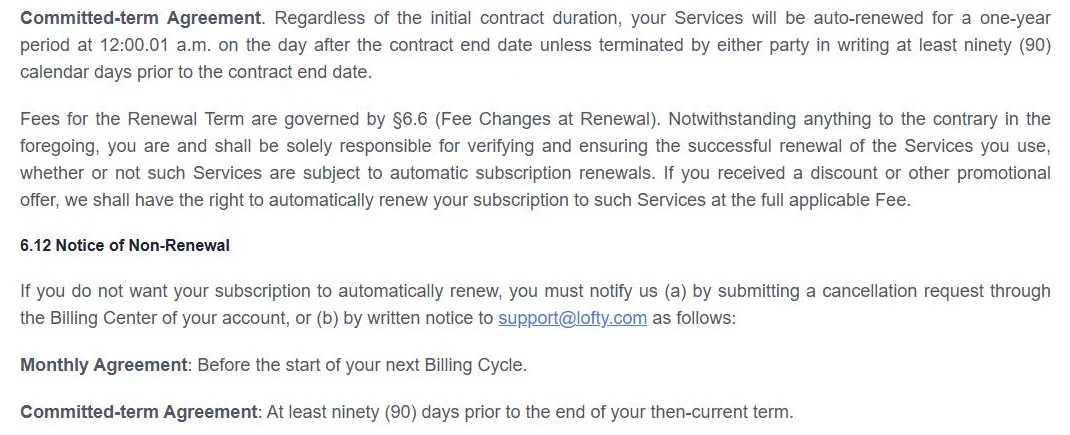 Screenshot of Lofty's Terms of Use showing the Committed-term Agreement clause, which auto-renews services for a one-year period unless either party terminates in writing at least ninety calendar days before the contract end date, a paragraph on renewal fees and promotional pricing, and section 6.12 Notice of Non-Renewal with deadlines for monthly and committed-term agreements.