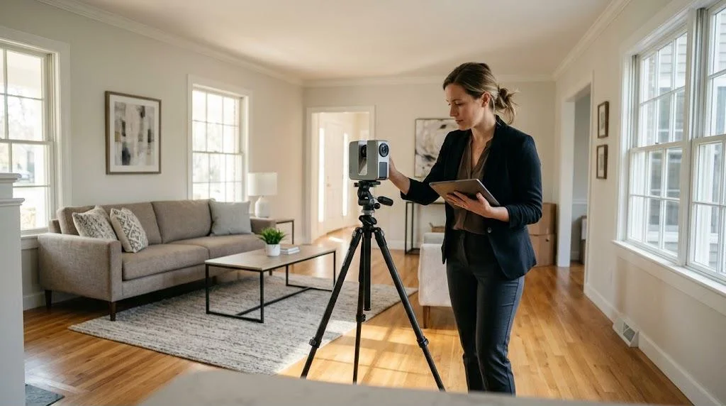 A real estate agent with a tablet sets up a 3D scanning camera on a tripod in a bright staged living room of a home for sale