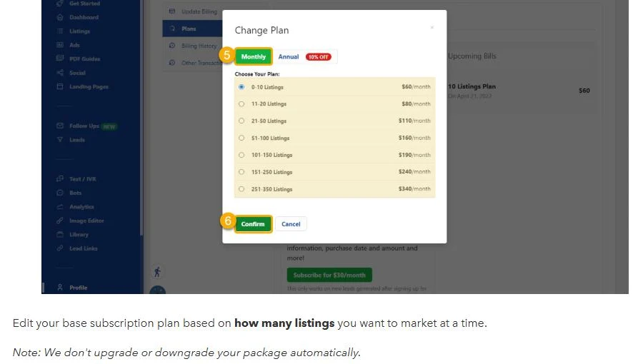 Screenshot from the Listings to Leads help center Subscription article showing the in-app Change Plan window. A Monthly tab is selected next to an Annual tab with a 10% OFF badge. Seven plans are listed: 0-10 listings $60 a month, 11-20 $80, 21-50 $110, 51-100 $160, 101-150 $190, 151-250 $240 and 251-350 $340.