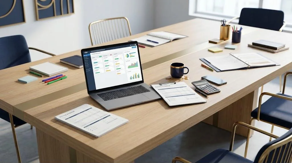 Real estate team meeting table with a laptop showing a CRM dashboard with a contact pipeline and charts, a printed pricing proposal, a calculator, a smartphone and a navy coffee mug, in a bright modern office.