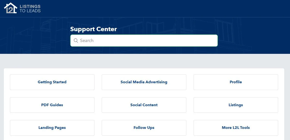Screenshot of the official Listings to Leads Support Center home page. A dark blue header shows the Listings to Leads logo, the title Support Center and a search box. The capture shows nine of its ten category tiles: Getting Started, Social Media Advertising, Profile, PDF Guides, Social Content, Listings, Landing Pages, Follow Ups and More L2L Tools.
