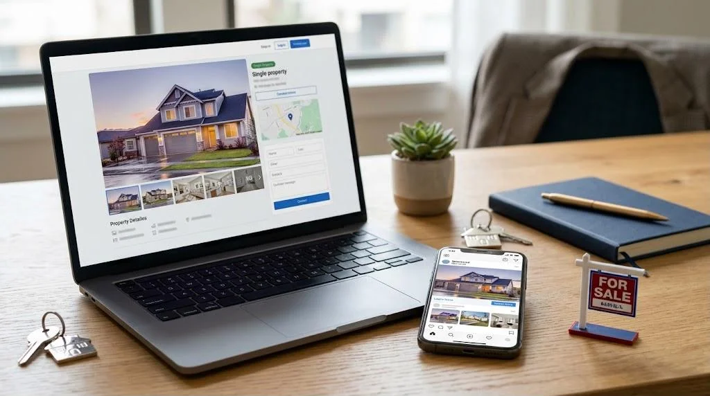 Laptop on a wooden desk showing a single property listing website with a large photo of a two-story suburban home, photo gallery, map and contact form, next to a smartphone showing a social ad for the same house and a small for sale sign.