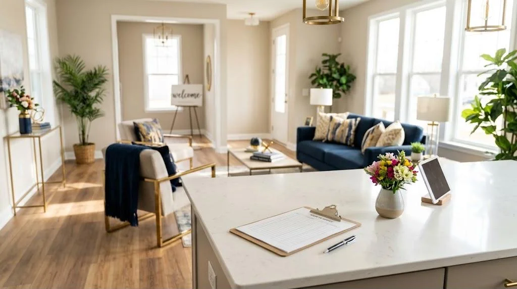 Clipboard with a blank printed open house sign-in sheet and a pen on a white kitchen island in a bright staged home, with a vase of flowers, a tablet, a navy sofa and a welcome sign on an easel in the background.