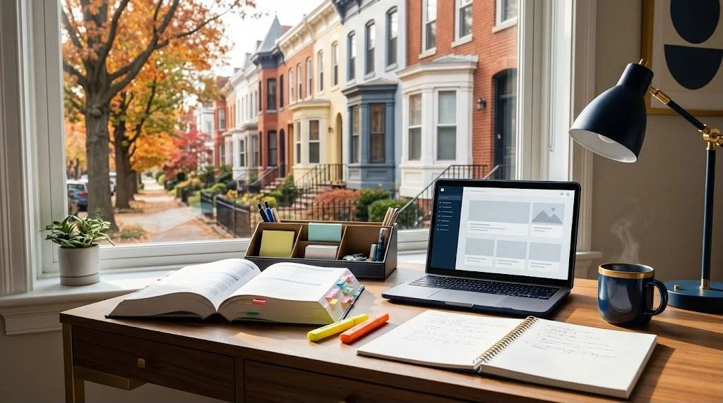 Study desk by a window overlooking colorful historic Washington DC rowhouses on an autumn street, with an open real estate exam prep textbook, a laptop showing an online course, highlighters, a notebook and a coffee mug.