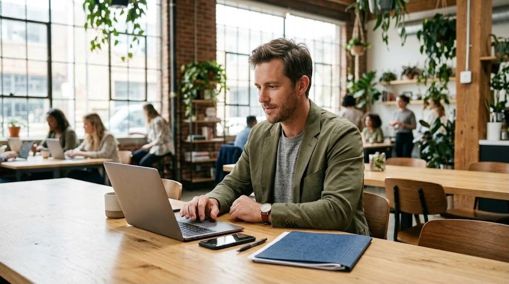 Independent real estate agent working on a laptop in a bright coworking space with a phone and closing folder