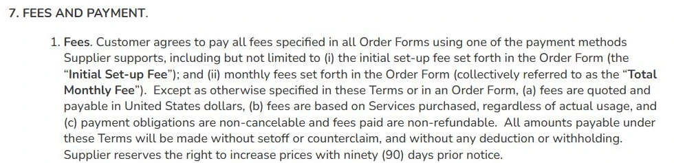 Screenshot of section 7.1 of Ylopo's Platform As A Service Agreement, covering the initial set-up fee and monthly fees in the Order Form, fees based on services purchased regardless of usage, and fees paid being non-refundable.