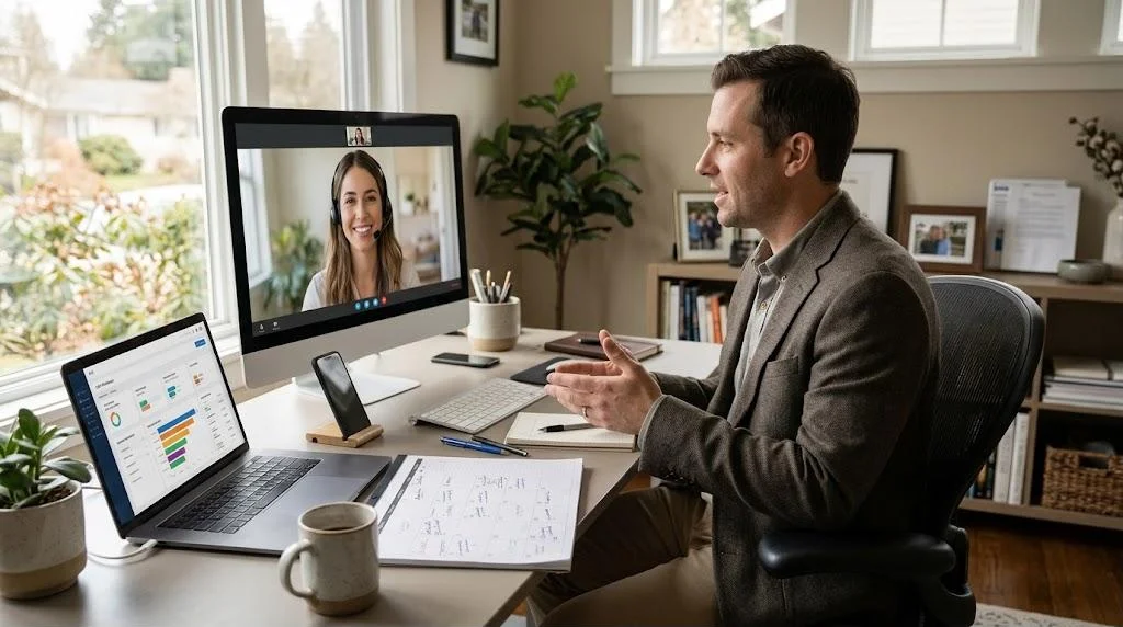 Real estate agent at a home office desk on a video call with a remote virtual assistant wearing a headset, with a laptop CRM dashboard and a planner on the desk