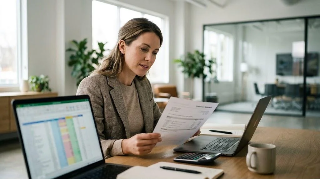 Real estate agent reviewing a commission statement at her desk with a calculator and laptop