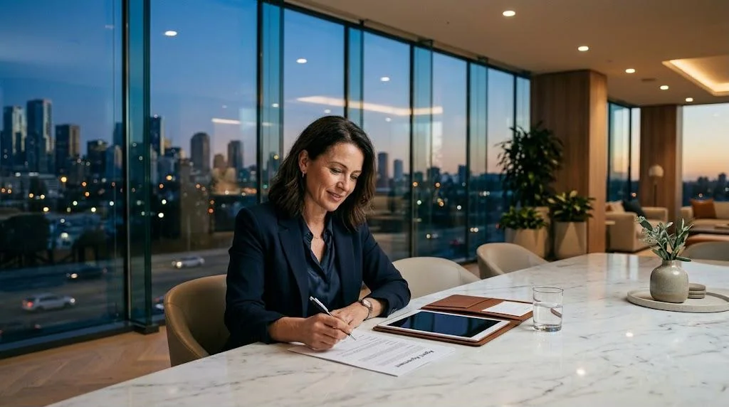 Real estate agent reviewing a printed agent agreement at a marble table in an upscale brokerage office at dusk