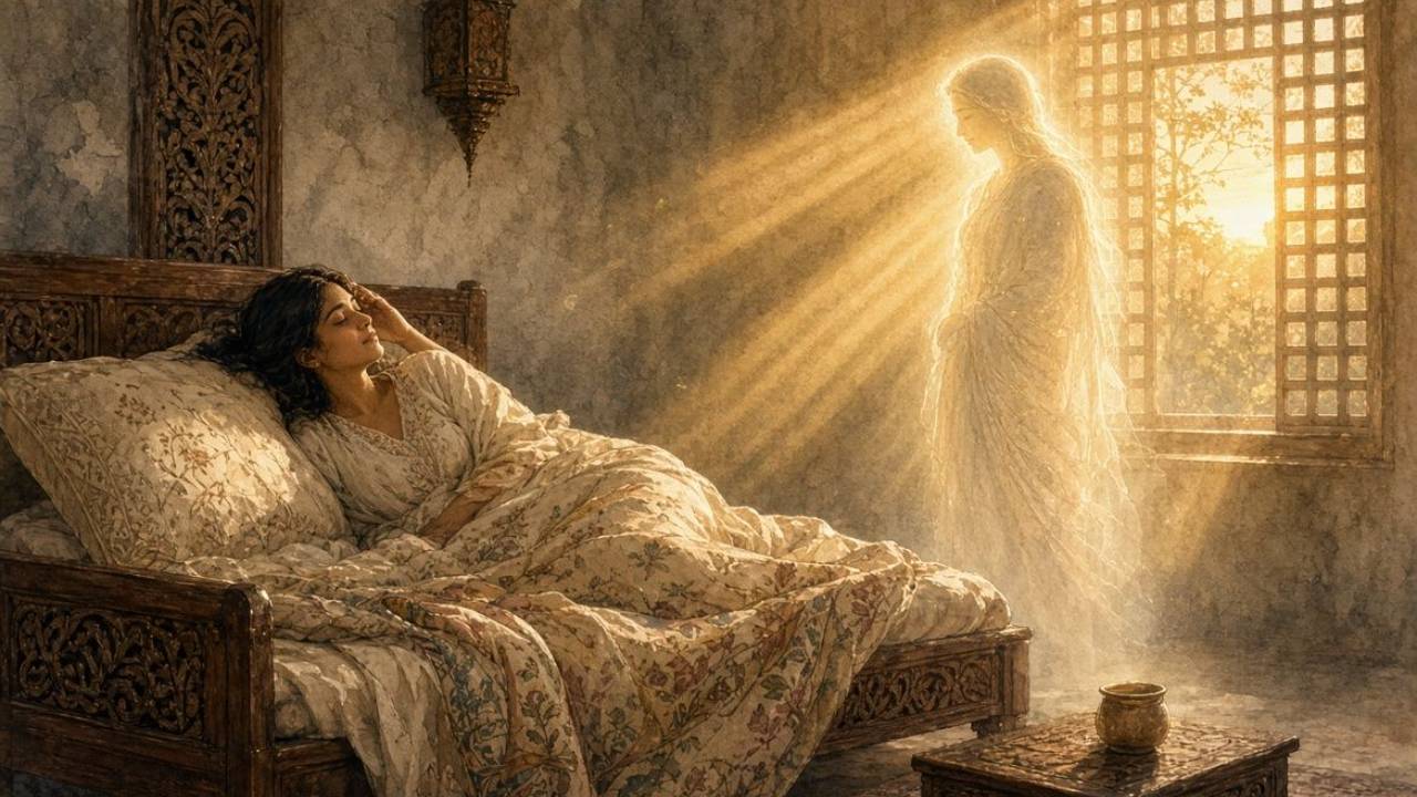 Woman resting in bed in warm morning light while a glowing figure stands by the window, illustrating losing yourself in a relationship