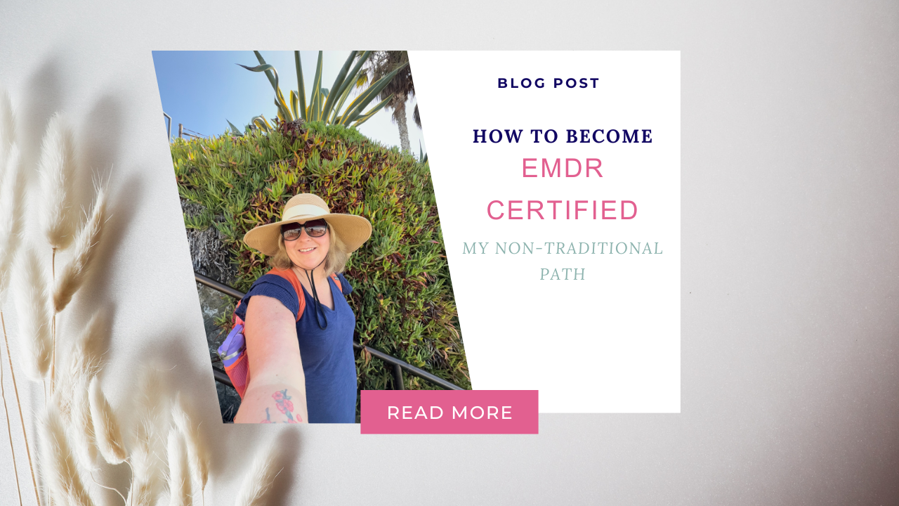 Rachel Totten, EMDRIA Approved Consultant, on a hike, with the blog title "How to Become EMDR Certified: My Non-Traditional Path to EMDRIA Certification"