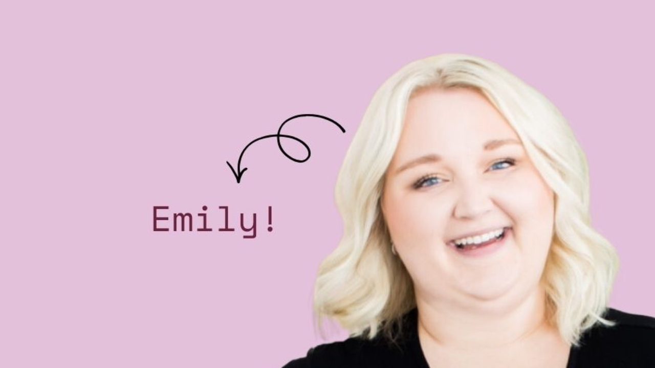 Photo of a smiling woman labeled “Emily” next to text that reads “Meet the owner of Brandakin Social Media” on a purple background with playful icons.