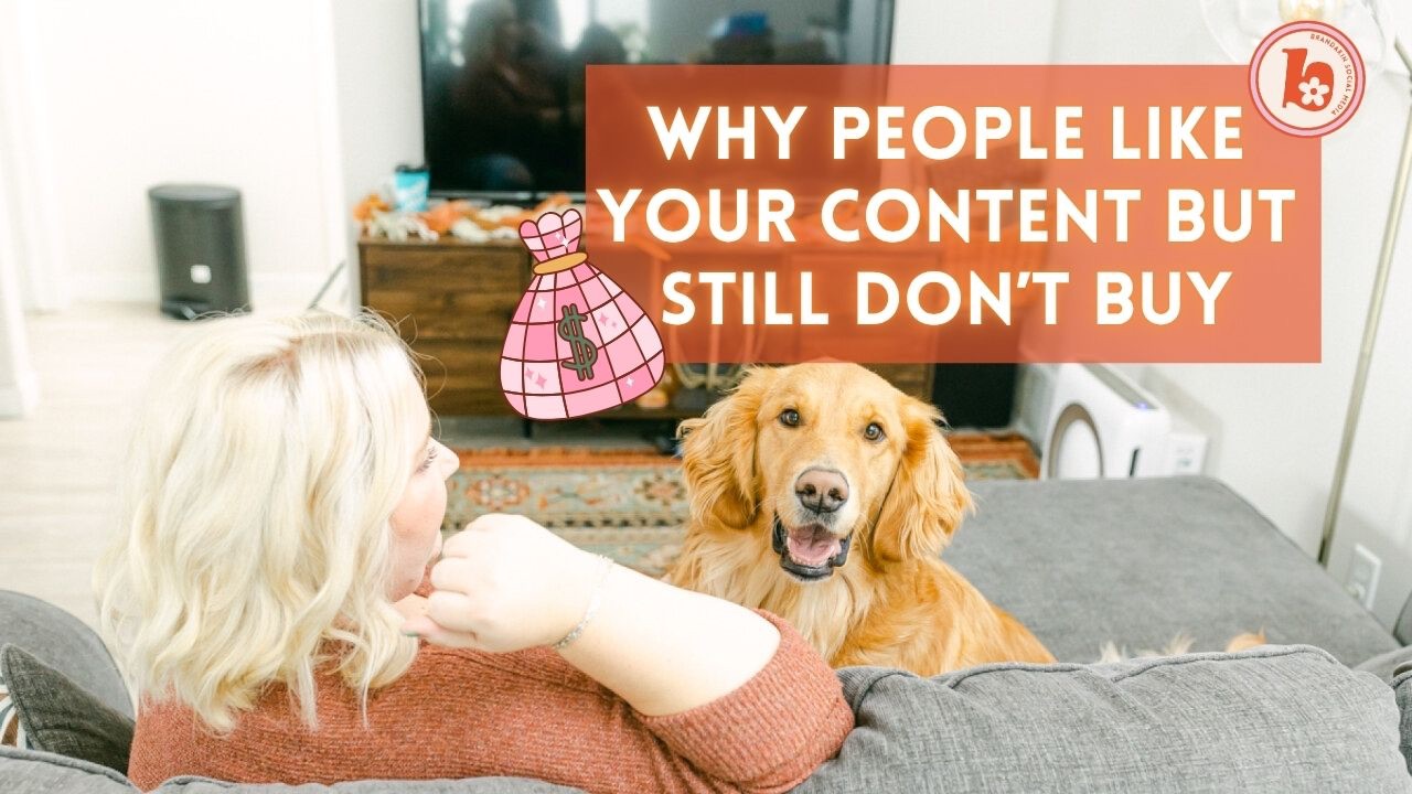 Golden Retriever with woman. The graphic contains a money bag and the words "Why people like your content but still don't buy"