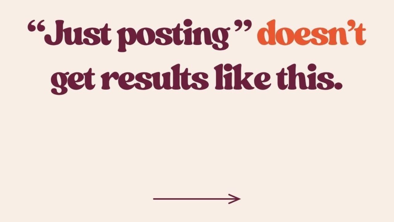 Minimal neutral graphic with bold text that reads “Just posting doesn’t get results like this” with Brandakin Social Media branding at the bottom.