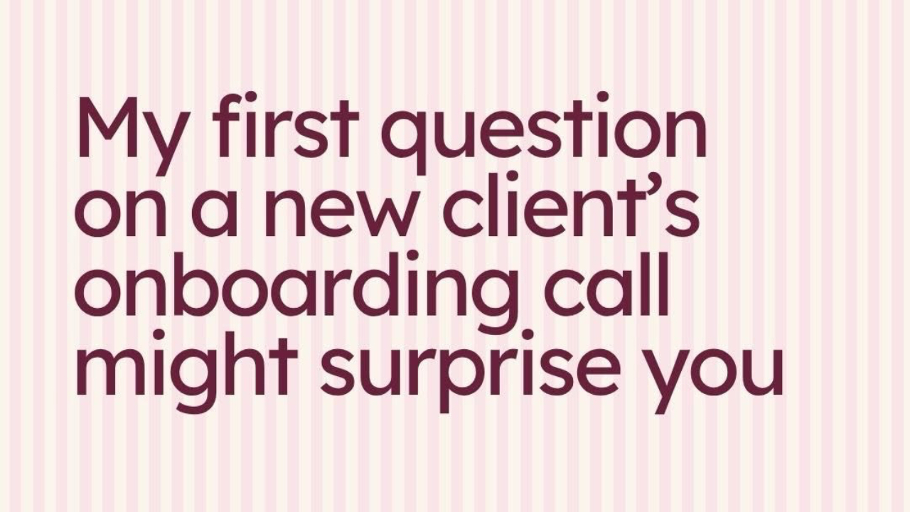 Text on a pink striped background reads, "My first question on a new client's onboarding call might surprise you," with a Brandakin Social Media logo at the bottom.