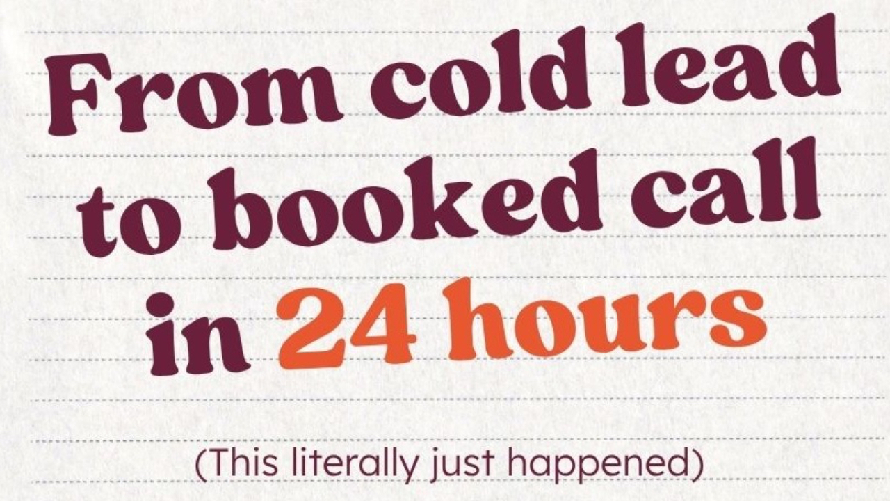 Woman sitting with a laptop in the background with a notebook-style graphic overlay that reads “From cold lead to booked call in 24 hours (This literally just happened)” with Brandakin Social Media branding.