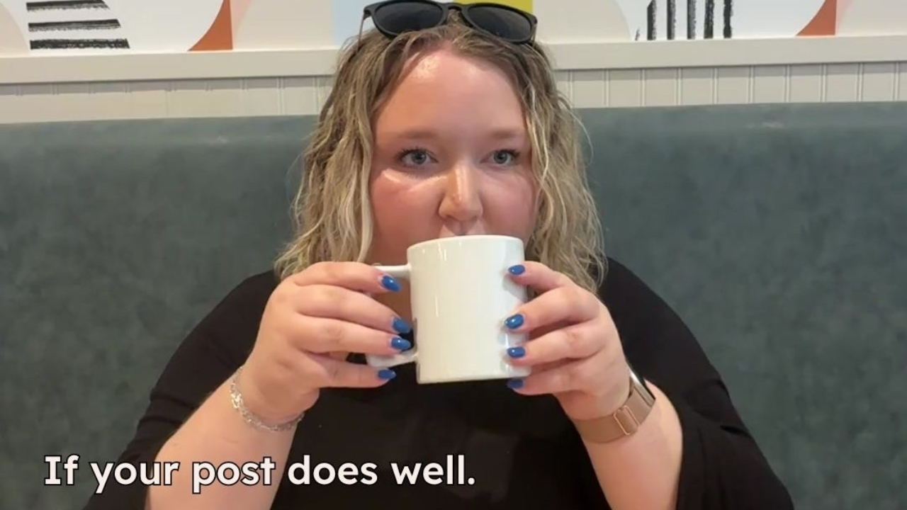 Four-image grid of a woman drinking coffee with text overlays “If your post does well” and “If your post flops,” next to bold text that says “Your content performance is not your worth and never will be!” with Brandakin Social Media logo.
