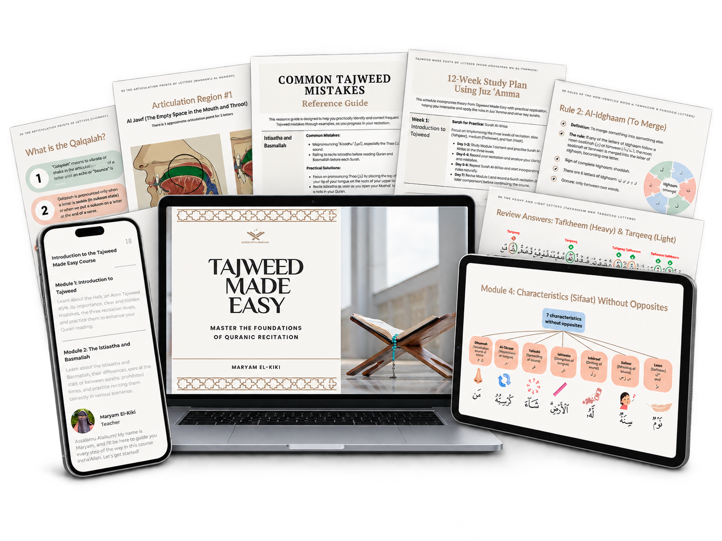 Tajweed Made Easy shown on a laptop, tablet and phone with the Visual Tajweed Cheat Sheets