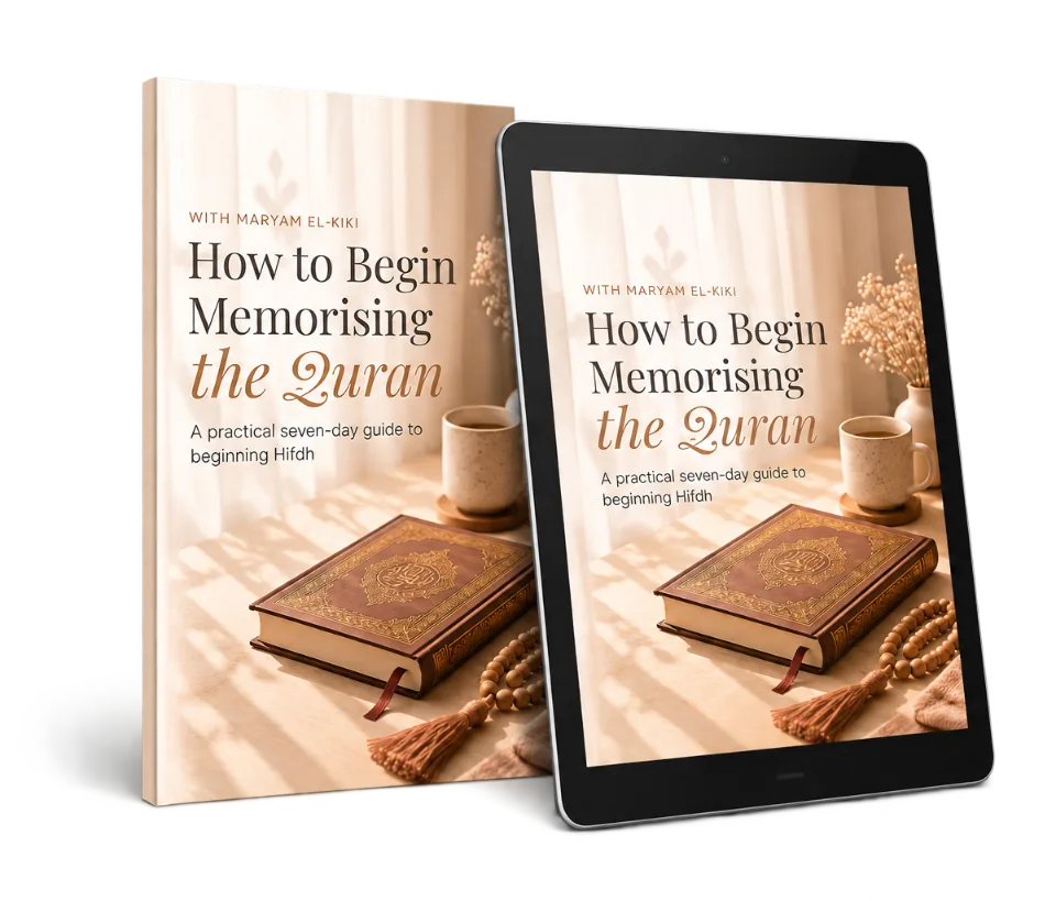 How to Begin Memorising the Quran, shown as a printed book and on a tablet